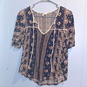 Blue and pink, floral print, v neck, short sleeved shirt